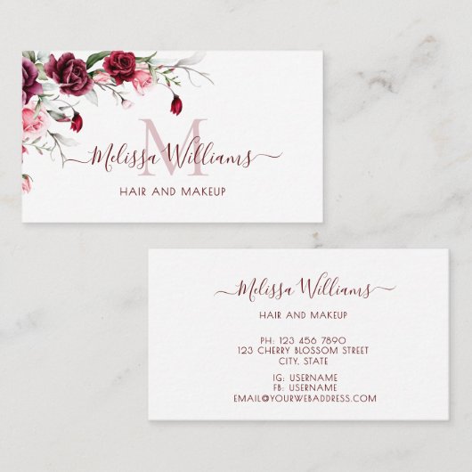 Watercolor Rozen Monogram Zwart Visitekaartje (Voorkant / Achterkant)