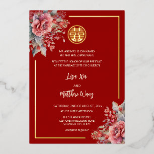 Watercolor Rozen Rood Goud Chinees Huwelijk Folie Uitnodiging