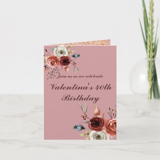 Watercolor Rozen Rosa Bloemig 40e Verjaardag (Voorkant)