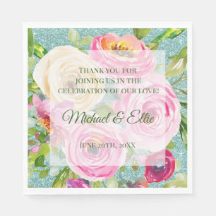 Watercolor Rozen Roze Crème Aqua Glitter Bruiloft Servet