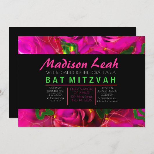 WATERCOLOR ROZEN ROZE NEON Bat Mitzvah uitnodiging (Voorkant / Achterkant)