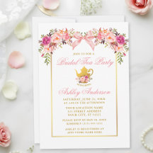 Watercolor Rozen Roze Strik Bruids Theepartij
