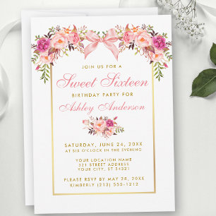 Watercolor Rozen Roze Strik Zoete Zestien Feest Kaart