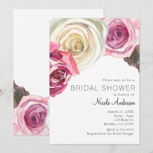 Watercolor Rozen Roze & Witte Chic Bruidsdouche Kaart (Voorkant / Achterkant)