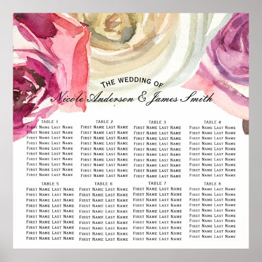 Watercolor Rozen Roze & Witte Chic Zitplaats Poster (Voorkant)