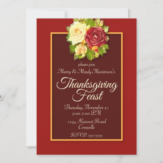 Watercolor Rozen Thanksgiving Dinerfeest Kaart (Voorkant)