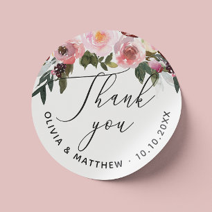 Watercolor Rozen Trouw Dank Je Wel. Elegante Bloem Ronde Sticker