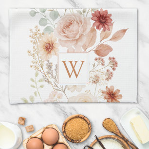 Watercolor Rozentuin Monogram Bloemig Theedoek