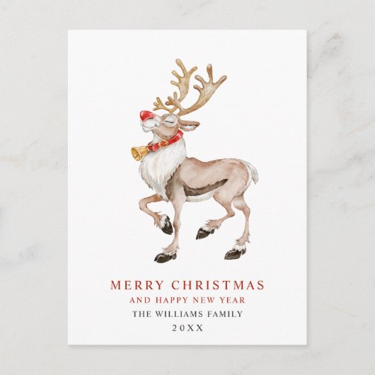 Watercolor Rudolf Rendier Kerstmis Vakantie Briefkaart (Voorkant)