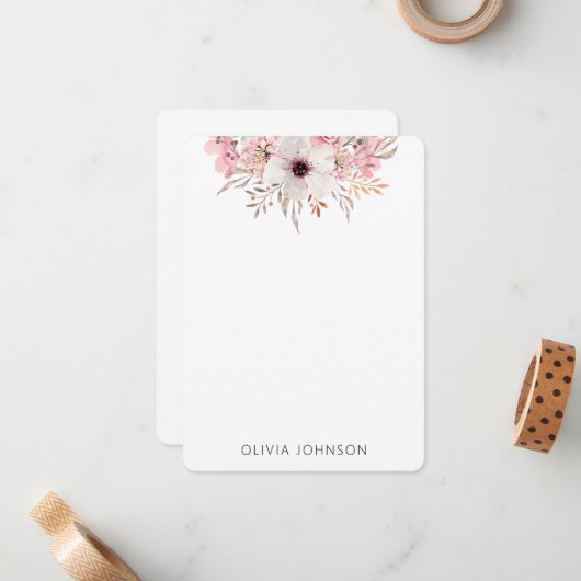 Watercolor Rustic Pink Floral Personalized Notitiekaartje (Voorkant / Achterkant in situ)