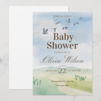 Watercolor Rustische Lucht & Vogels Baby Shower Ui Kaart