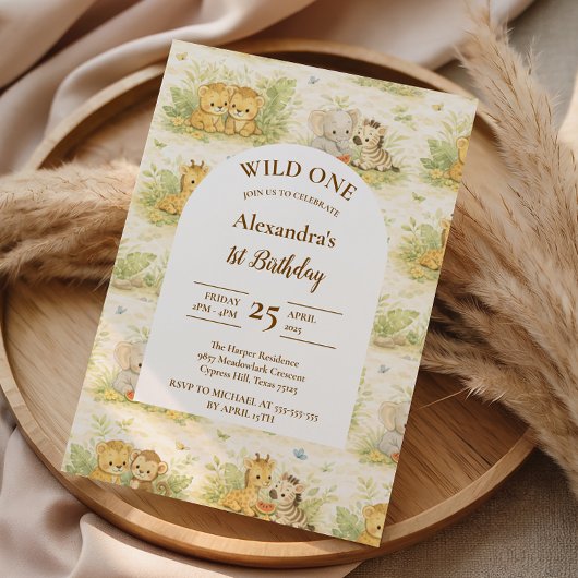 Watercolor Safari Animals First Birthday Kaart