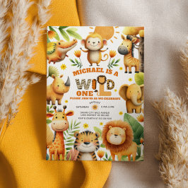 Watercolor Safari Animals WILD ONE 1st Birthday Kaart