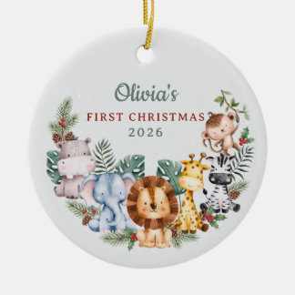 Watercolor Safari Dieren Baby 1e Kerstmis Keramisch Ornament