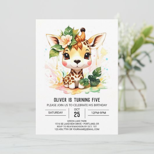 Watercolor Safari Giraffe Verjaardag Kaart (Staand voorkant)