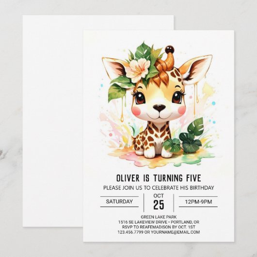 Watercolor Safari Giraffe Verjaardag Kaart (Voorkant / Achterkant)