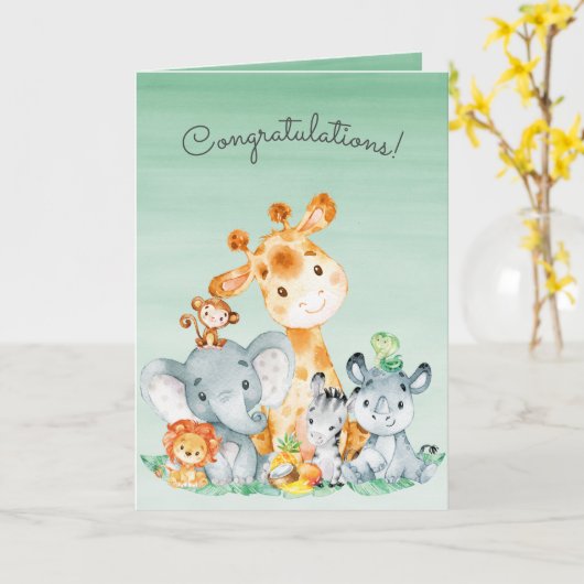 Watercolor Safari Jungle Animals Congratulations Kaart (Gele Bloem)