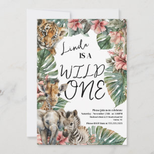 Watercolor Safari Wild One Baby Dieren Verjaardag Kaart