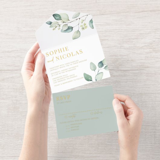 Watercolor Sage Green Eucalyptus Wedding All In One Uitnodiging (Uittrekbaar)
