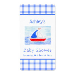 Watercolor Sailboat Blue Check Baby Shower Etiket
