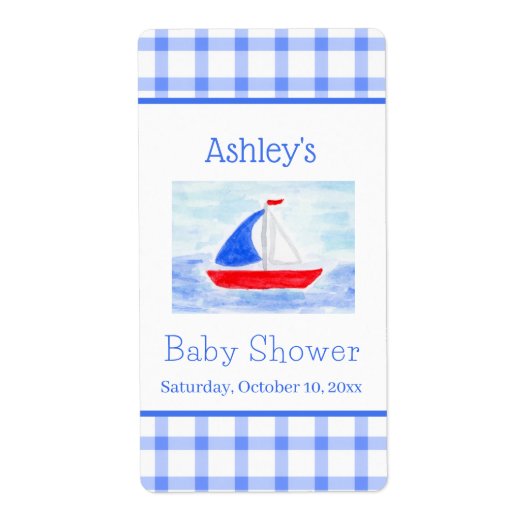 Watercolor Sailboat Blue Check Baby Shower Etiket (Voorkant)