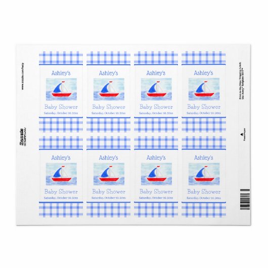 Watercolor Sailboat Blue Check Baby Shower Etiket (Full Sheet)