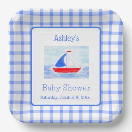 Watercolor Sailboat Blue Check Baby Shower Papieren Bordje