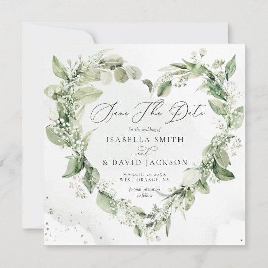 Watercolor Salie Groene Gebladerte Hart Romantisch Save The Date (Voorkant)