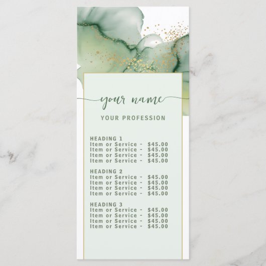 Watercolor Saliegroen goud Prijslijst Menu (Voorkant)