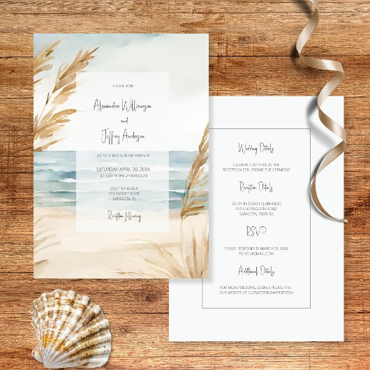 Watercolor Sand and Surf Wedding Invitation Kaart