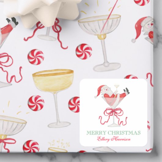 Watercolor Santa Christmas Cocktail Party Vierkante Sticker