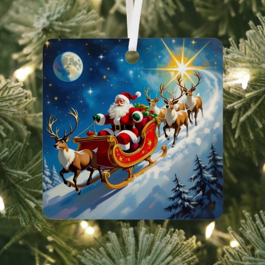 Watercolor Santa on Sleigh Christmas Personalized Metalen Ornament (Insitu)