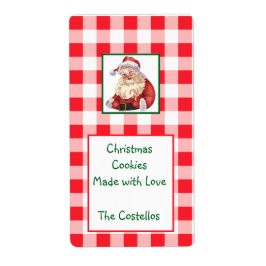 Watercolor Santa Red Check Christmas COOKIES Etiket