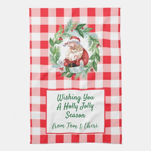 Watercolor Santa Red Check Jolly Christmas Theedoek (Verticaal)