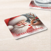 Watercolor Santa Rudolph Merry Christmas Coaster Kartonnen Onderzetters (Schuin)