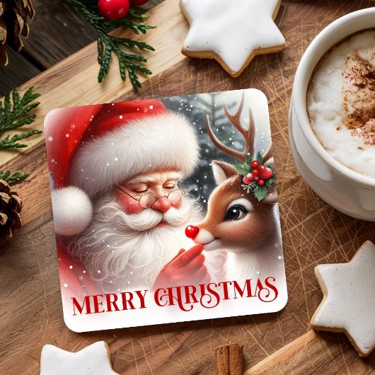 Watercolor Santa Rudolph Merry Christmas Coaster Kartonnen Onderzetters