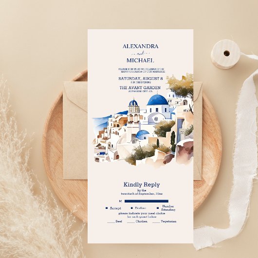 Watercolor Santorini Bestemmingsbruiloft All In One Uitnodiging