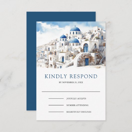 Watercolor Santorini Greece Wedding RSVP Kaartje (Voorkant / Achterkant)