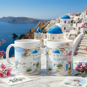Watercolor Santorini Griekenland Geschenk met eige Koffiemok