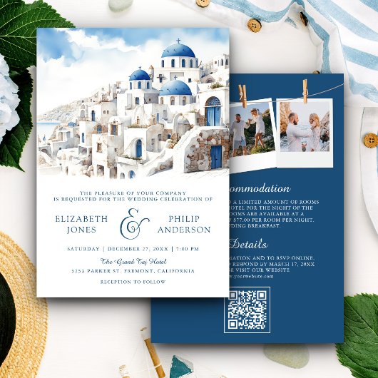 Watercolor Santorini Griekenland QR Code Trouwkaar Kaart