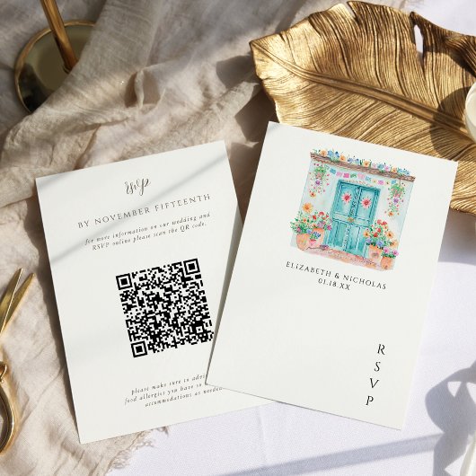 Watercolor Sayulita Mexico | Huwelijksreactie QR C RSVP Kaartje