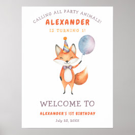 Watercolor Schattige Vos 1e Verjaardag Poster