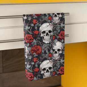 Watercolor Schedels en Rozen Rood Grijs  Theedoek