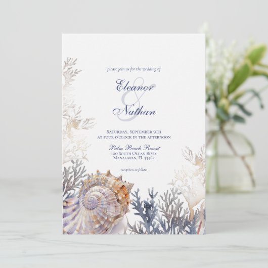 Watercolor Schelp Koraal Bruiloft Kaart (Staand voorkant)