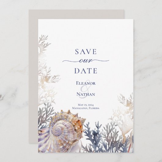 Watercolor Schelp Koraal Trouw Save the Date (Voorkant / Achterkant)