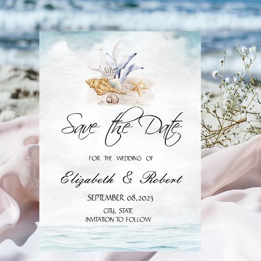 Watercolor Schelpen, Zee Red de Datum Save The Date