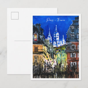 Watercolor schetstekening nacht Parijs Frankrijk Briefkaart