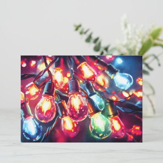 Watercolor Schilderij Kerstvakantie Lichtslinger Feestdagenkaart (Staand voorkant)