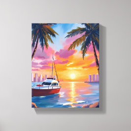 Watercolor Schilderij Miami Beach Boat Bay Zonsond Canvas Afdruk