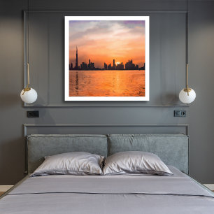 Watercolor Schilderij van Dubai Silhouette bij Zon Foto Afdruk